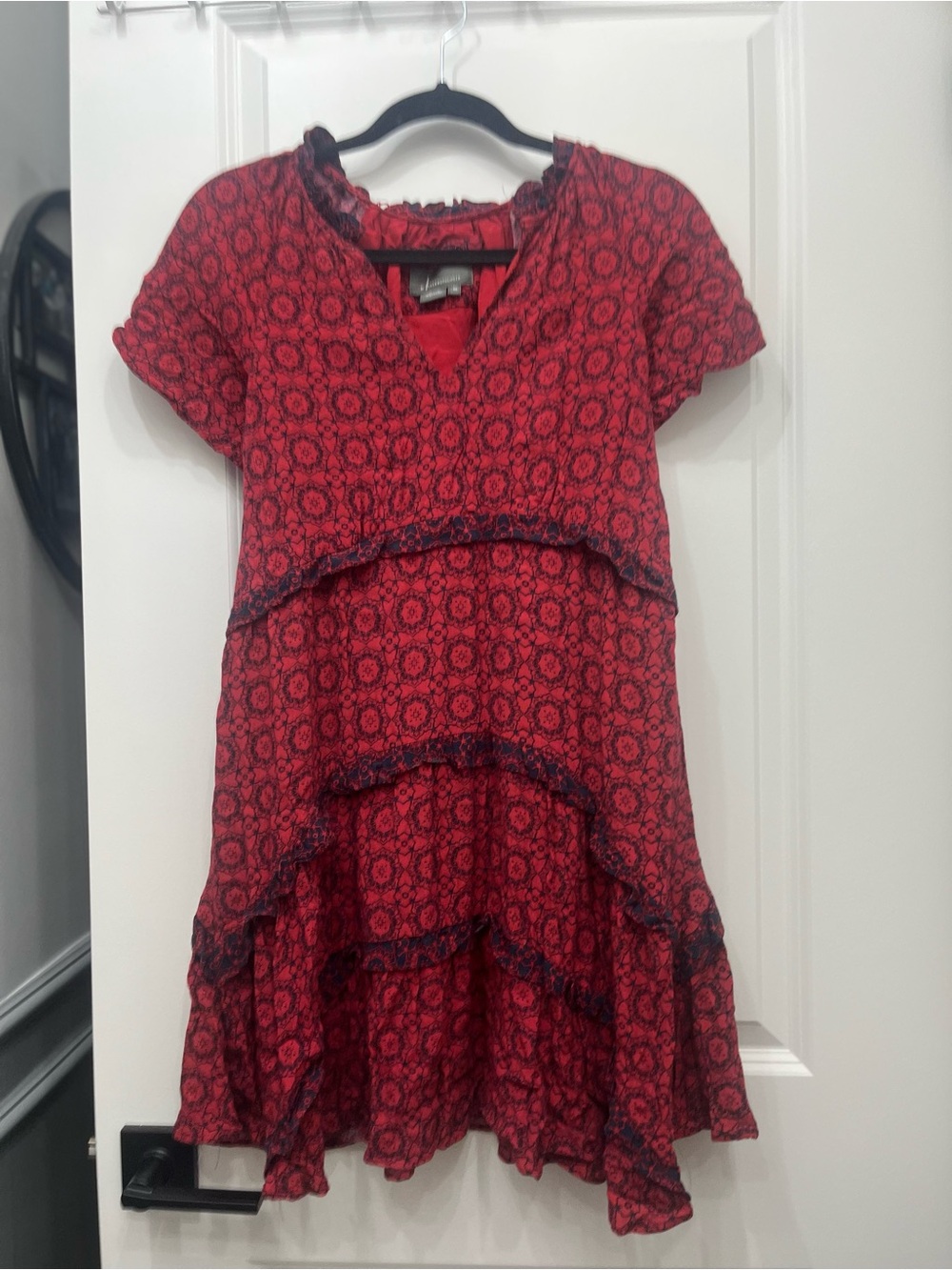 Anthropologie Dress Womens XS Red Mini Flowy Tiered Boho V Neck Tribal Print